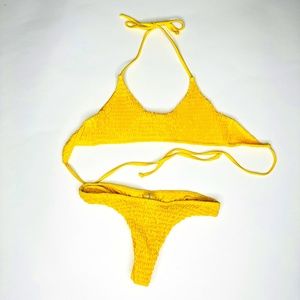 ZAFUL Swimsuit Smocked Yellow Bikini Top & Bottom Set, cheeky, halter tie back M